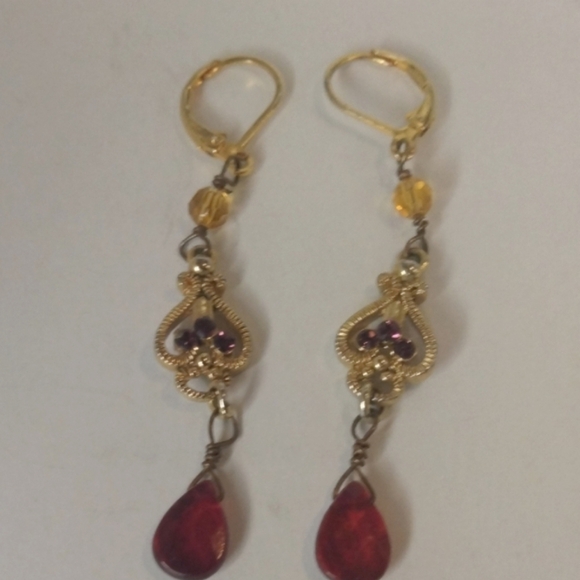 Vintage Gold and Red Dangle Earrings - Picture 1 of 7